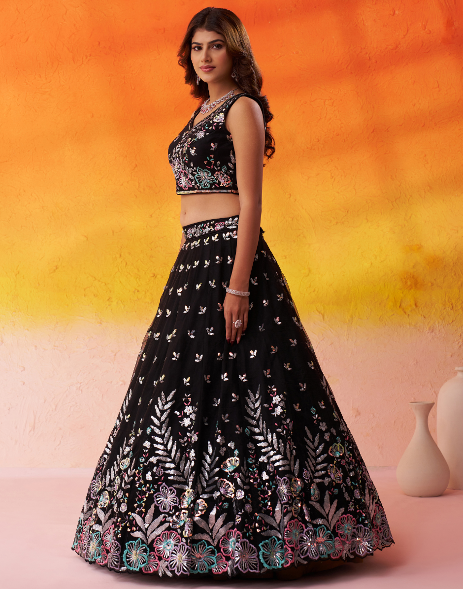 Premium Net Fabric Lehenga Set Featuring Rich Sequins Thread Embroidery - Buy