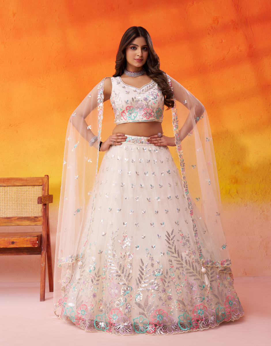 Premium Net Fabric Lehenga Set Featuring Rich Sequins Thread Embroidery - Buy_3