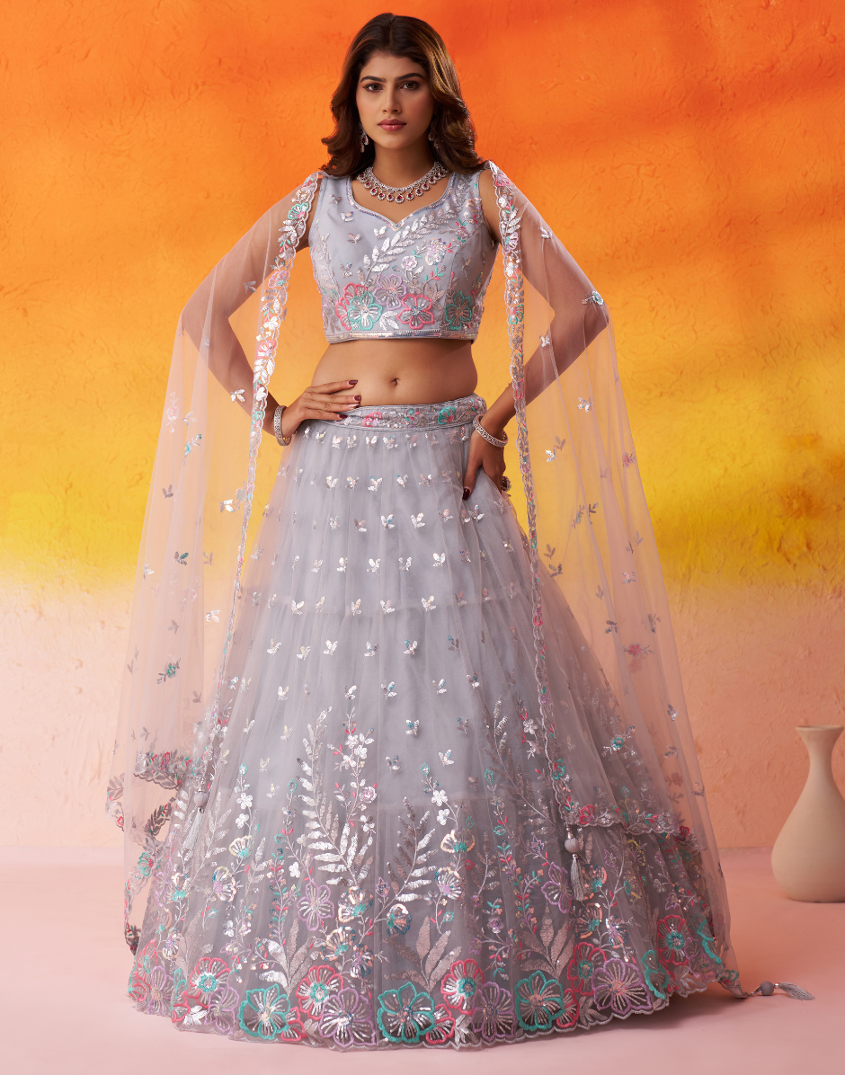 Premium Net Fabric Lehenga Set Featuring Rich Sequins Thread Embroidery - Buy_6