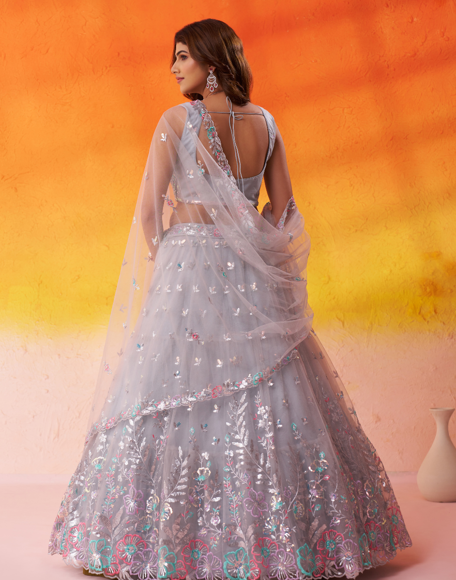 Premium Net Fabric Lehenga Set Featuring Rich Sequins Thread Embroidery - Buy_7
