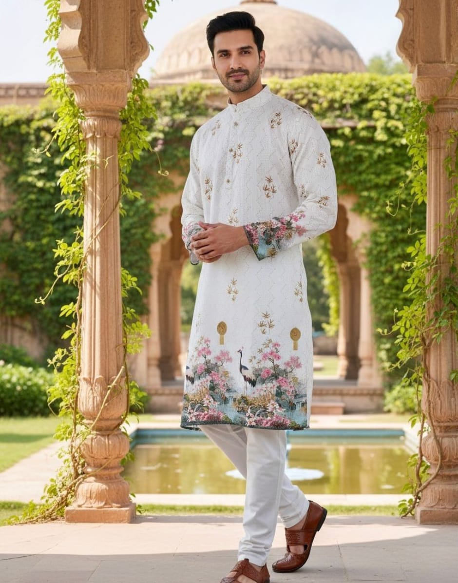 Premium Off-White Printed Kurta for Men Wedding & Festive Outfit - Buy