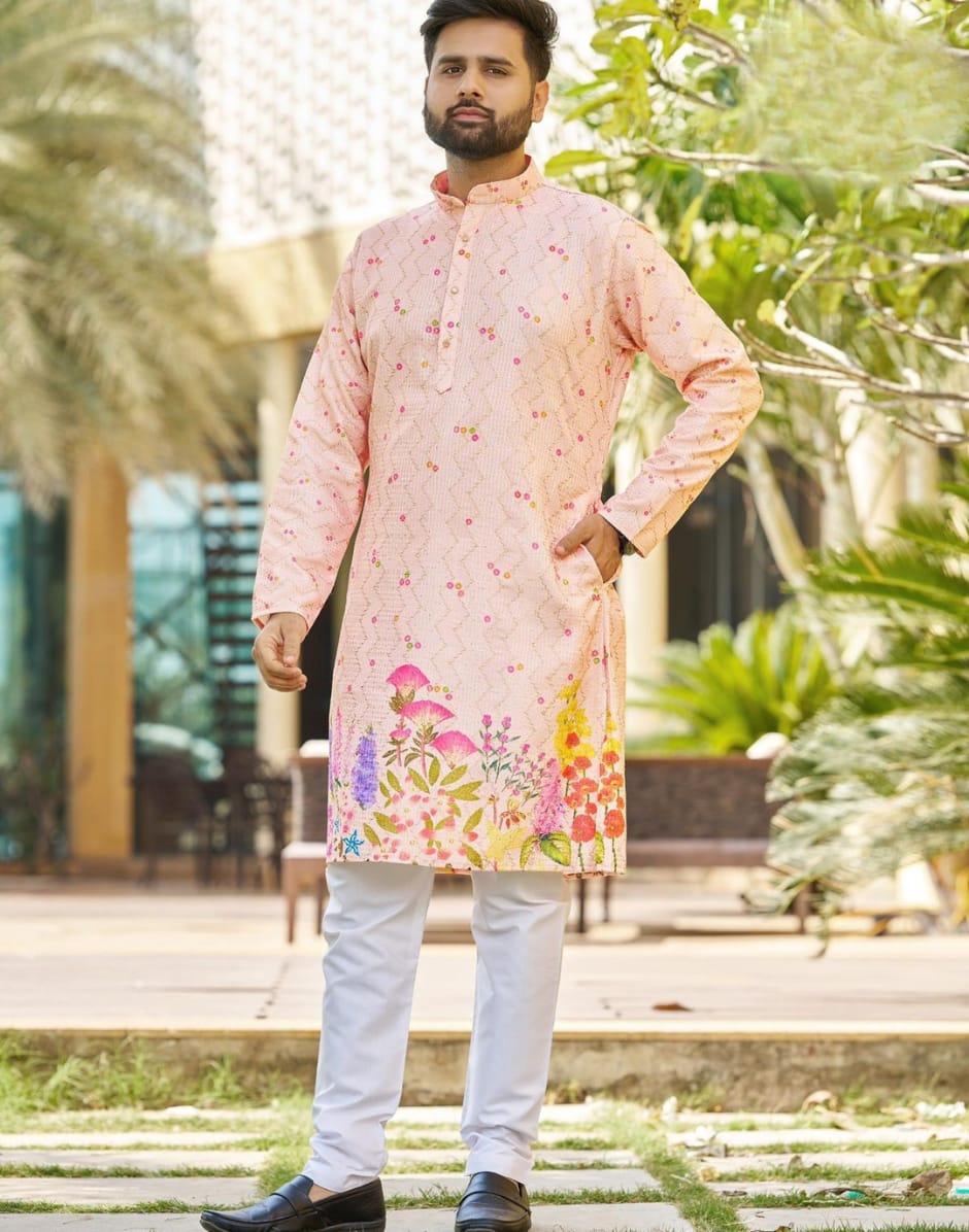 Premium Peach Ethnic Kurta for Men with Floral Artwork - Buy