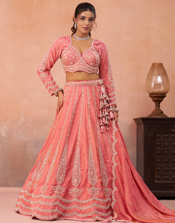 Premium Peach Tissue Embroidered Lehenga Set with Beadwork, Sequins & Dupatta