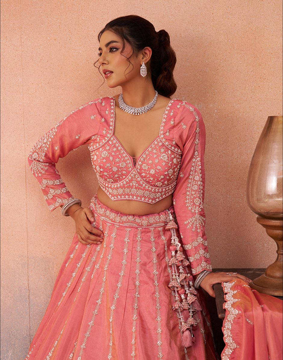 Premium Peach Tissue Embroidered Lehenga Set with Beadwork, Sequins & Dupatta_2
