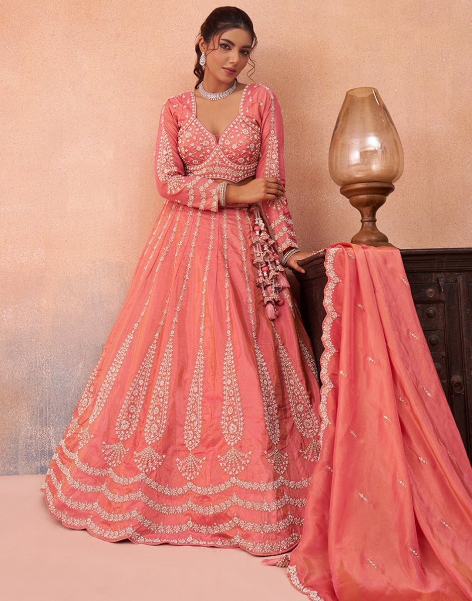 Premium Peach Tissue Embroidered Lehenga Set with Beadwork, Sequins & Dupatta_3