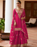 Premium Pink Chinon Embroidered Sharara Suit Set Indian Ethnic Wear for Parties & Functions - Buy