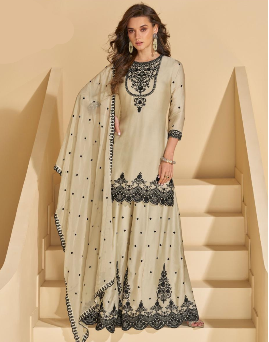 Premium Real Chinon Silk Palazzo with Full Heavy Embroidery Elegant & Luxurious Designer Work