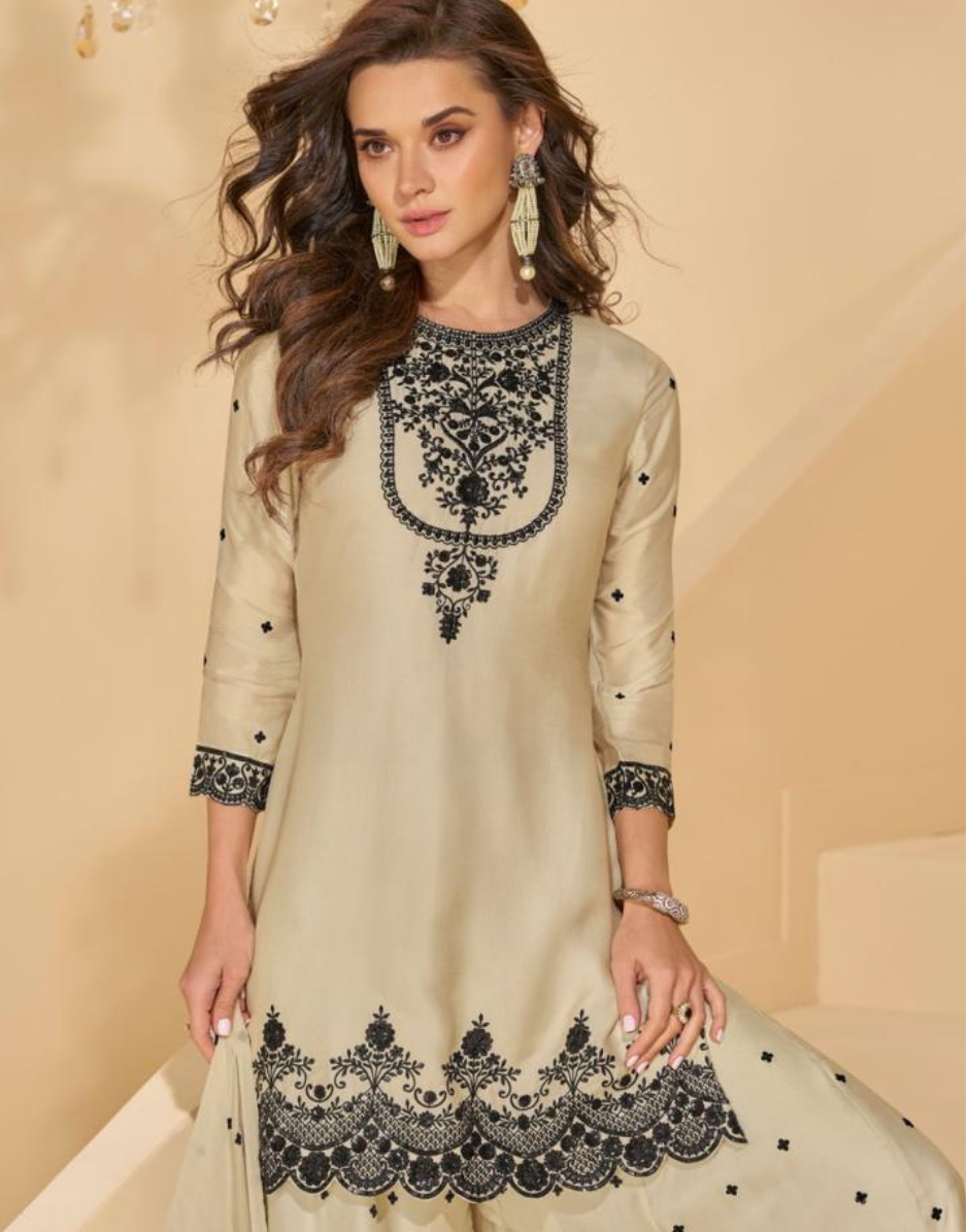 Premium Real Chinon Silk Palazzo with Full Heavy Embroidery Elegant & Luxurious Designer Work