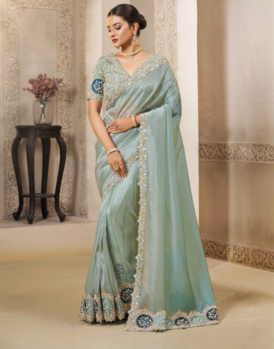 Premium Sea Green Organza Tissue Silk Saree with Sequins, Stone Embroidery & Satin Silk Blouse - Buy