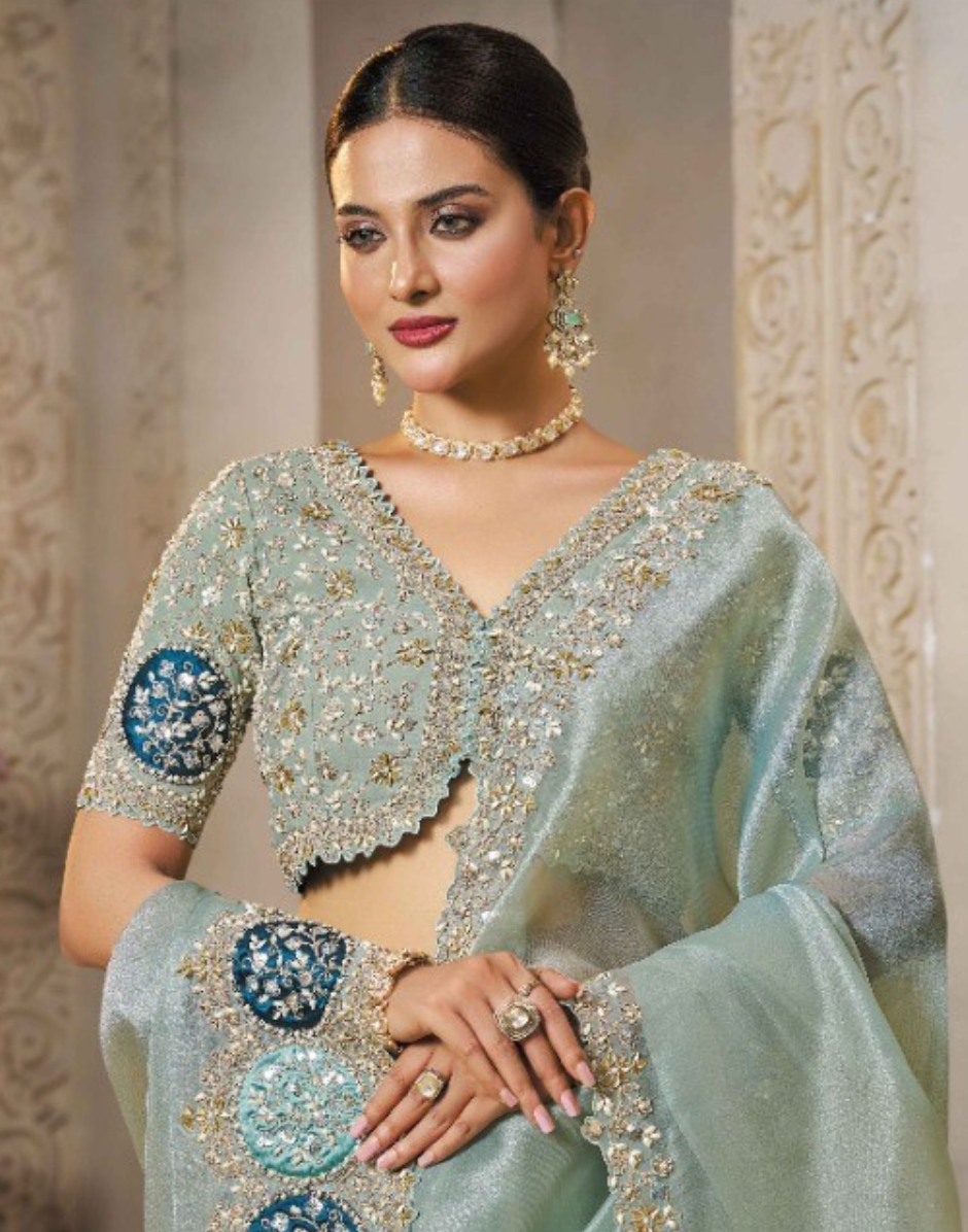 Premium Sea Green Organza Tissue Silk Saree with Sequins, Stone Embroidery & Satin Silk Blouse - Buy