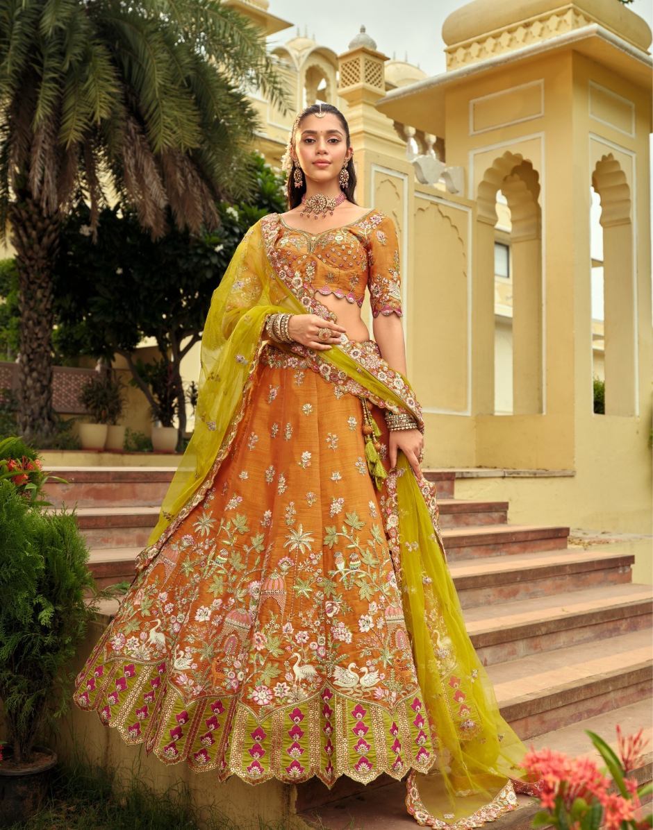 Premium Silk Embroidered Lehenga with Cut Work Border, Weaving Butti & Mirror Work Net Dupatta Set