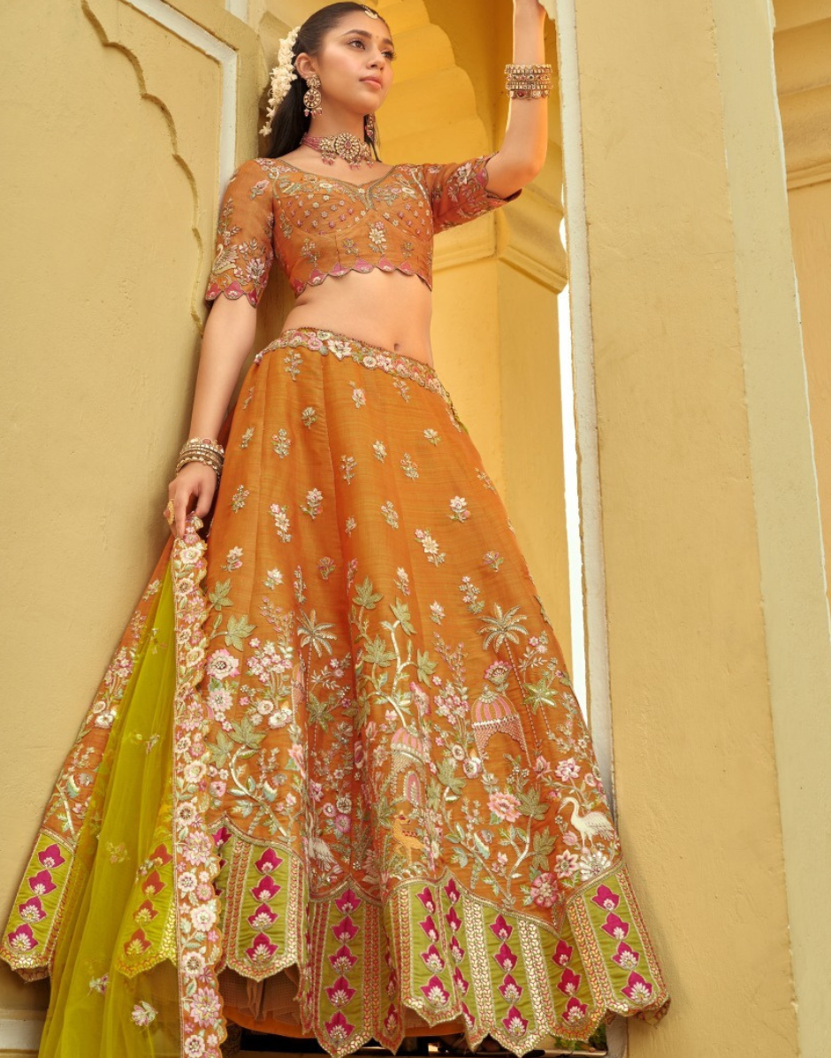 Premium Silk Embroidered Lehenga with Cut Work Border, Weaving Butti & Mirror Work Net Dupatta Set