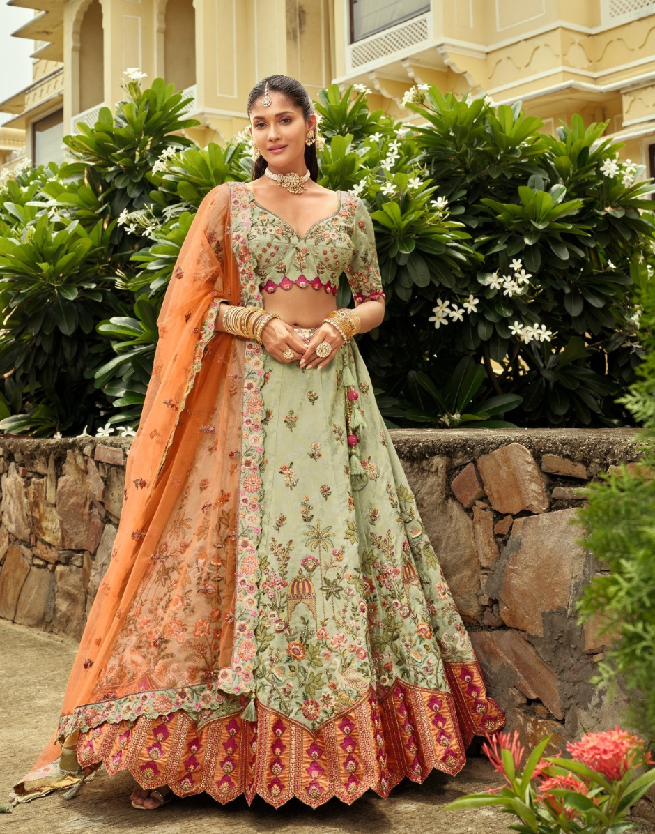 Premium Silk Embroidered Lehenga with Cut Work Border, Weaving Butti & Mirror Work Net Dupatta Set_2