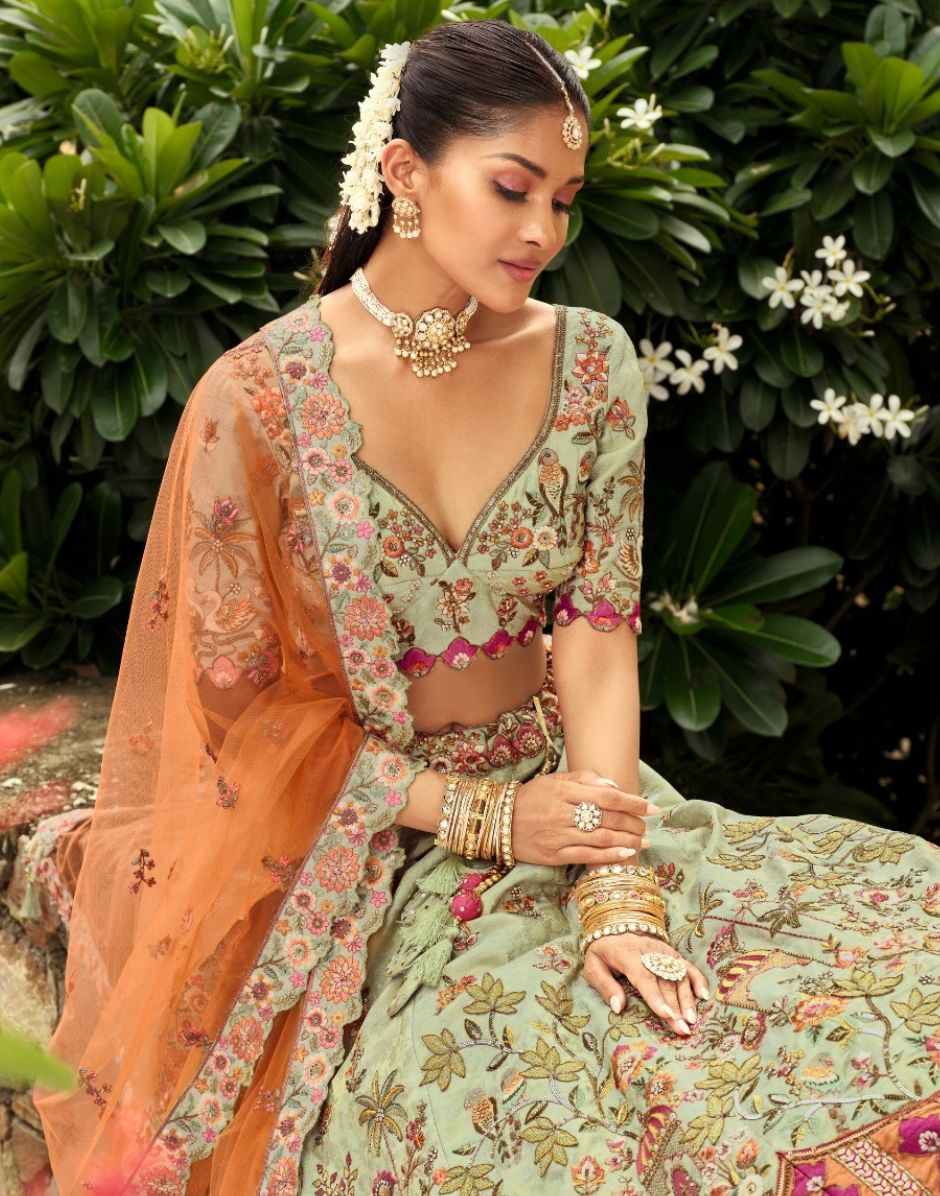 Premium Silk Embroidered Lehenga with Cut Work Border, Weaving Butti & Mirror Work Net Dupatta Set_3