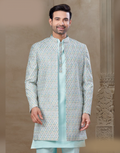 Premium Sky Blue Floral Kurta Set for Men Jacquard Silk with Statement Jacket_1