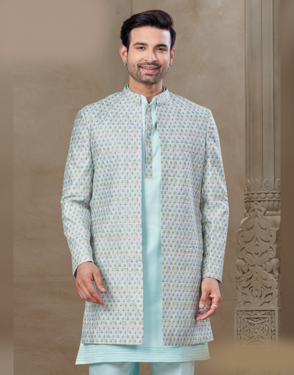 Premium Sky Blue Floral Kurta Set for Men Jacquard Silk with Statement Jacket_1