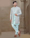 Premium Sky Blue Floral Kurta Set for Men Jacquard Silk with Statement Jacket_2
