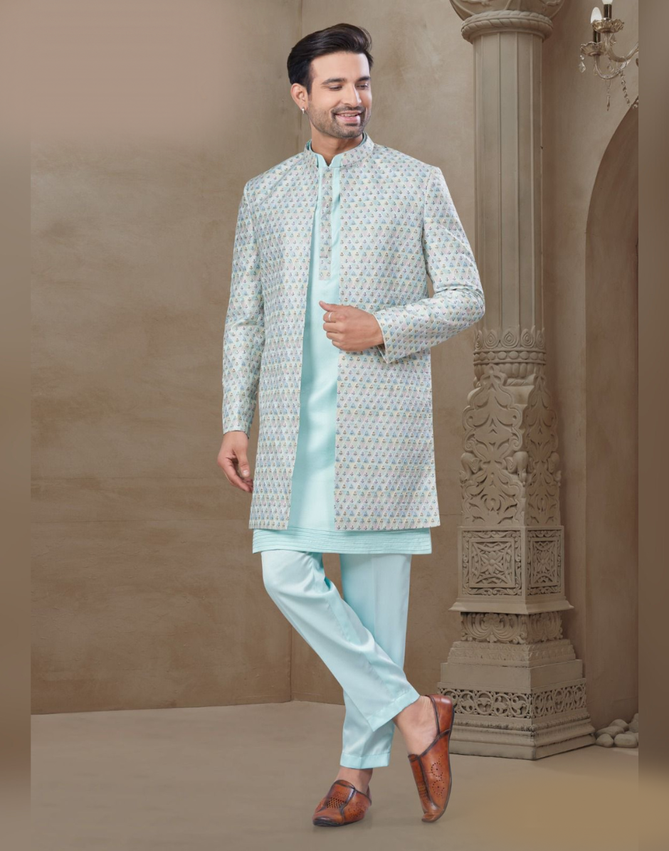 Premium Sky Blue Floral Kurta Set for Men Jacquard Silk with Statement Jacket_2