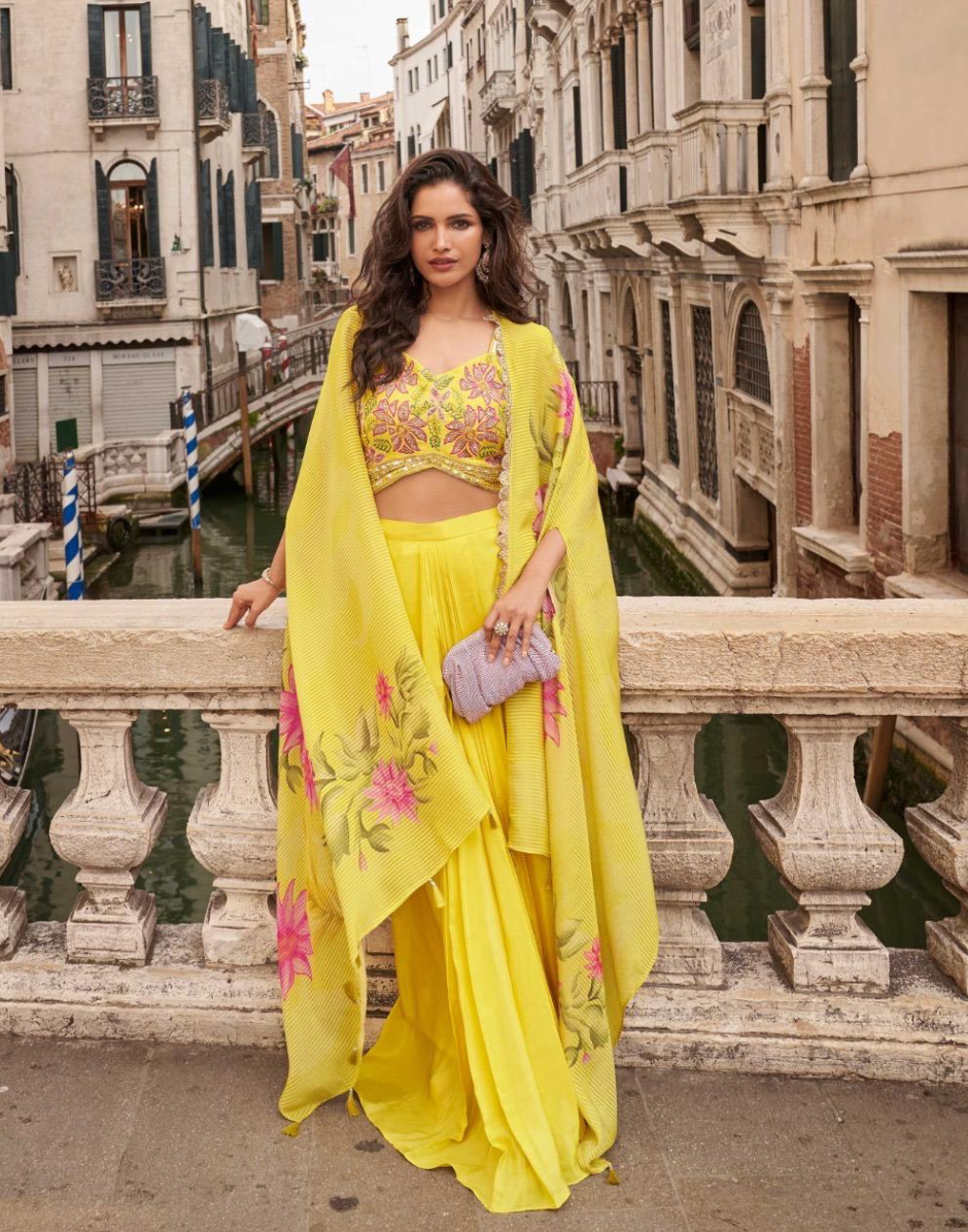 Premium Yellow Chinon Silk Viscose Jacquard Silk Designer Set Embroidered Shrug & Hand-Embellished Mirror Work Blouse with Trendy Palazzo - Buy