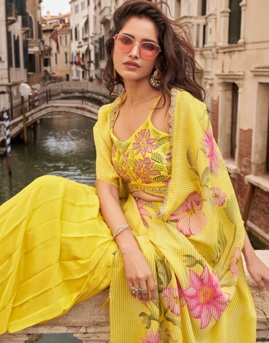 Premium Yellow Chinon Silk Viscose Jacquard Silk Designer Set Embroidered Shrug & Hand-Embellished Mirror Work Blouse with Trendy Palazzo - Buy_1