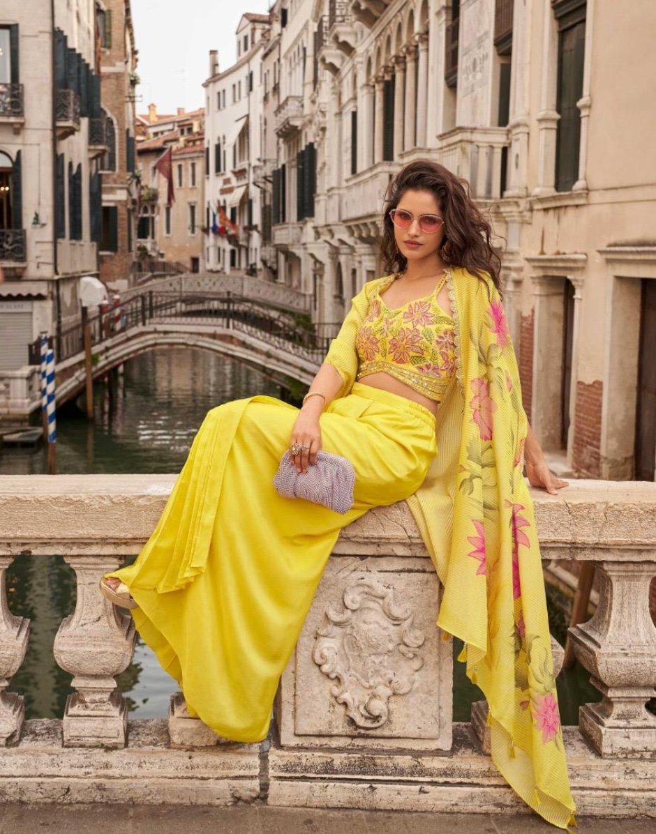 Premium Yellow Chinon Silk Viscose Jacquard Silk Designer Set Embroidered Shrug & Hand-Embellished Mirror Work Blouse with Trendy Palazzo - Buy_2