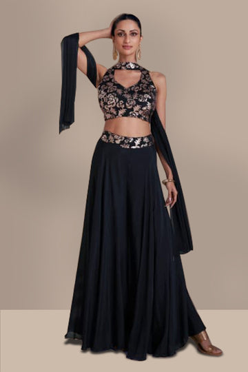 Black Real Chinon Silk Choli, Plazzo with Embroidered Dupatta- Rent