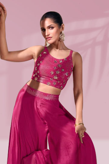 Pink Real Chinon Silk Choli, Plazzo with Embroidered Dupatta- Rent