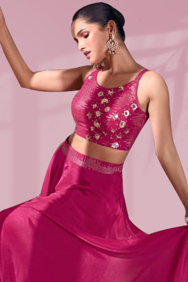 Pink Real Chinon Silk Choli, Plazzo with Embroidered Dupatta- Rent