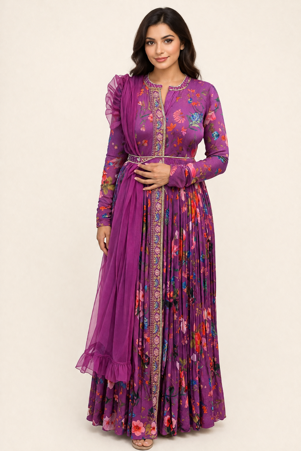 Purple Floral Anarkali for Wedding Guest - RENT