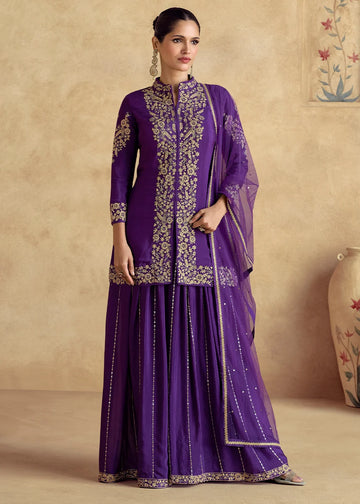 Purple Sharara Suit for Mother of Bride - Rent