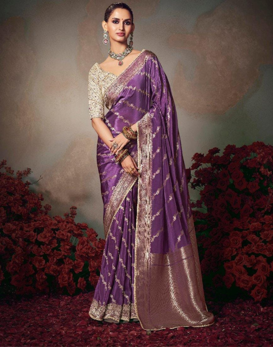 Purple Chiniya Silk Saree with Lace Piping & Designer Embroidery Blouse Party Wear