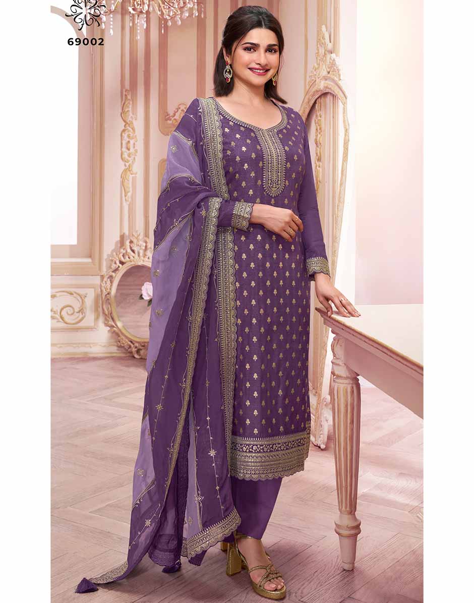 Purple Embroidered Dola Jacquard Kurta, Bottom & Dupatta Set