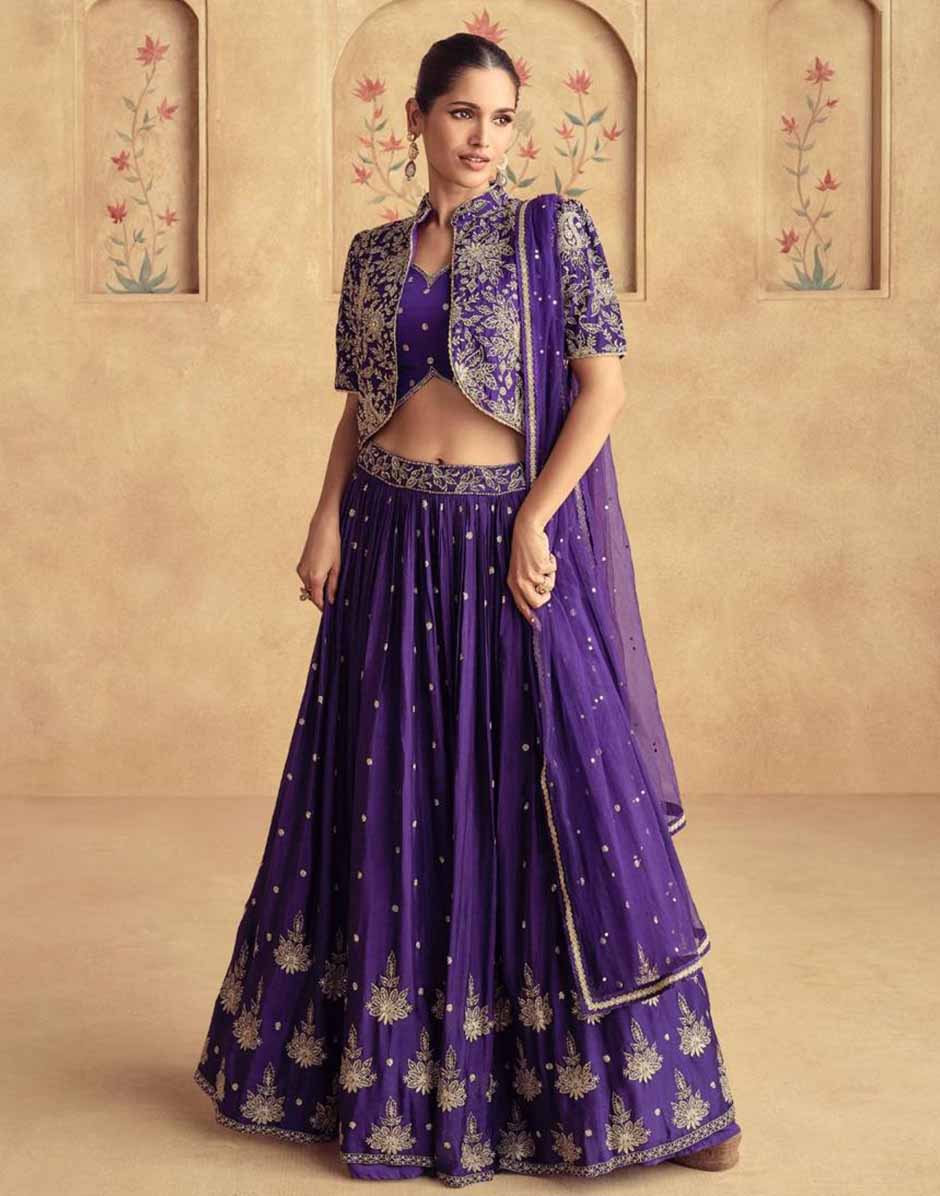 Purple Embroidered Front Slit Top Bottom and Dupatta Set