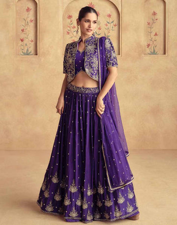 Purple Embroidered Front Slit Top Bottom and Dupatta Set