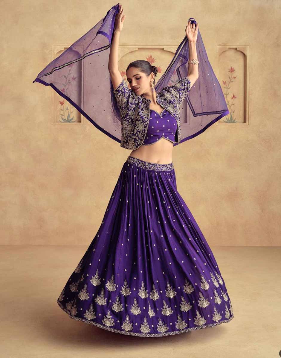 Purple Embroidered Front Slit Top Bottom and Dupatta Set