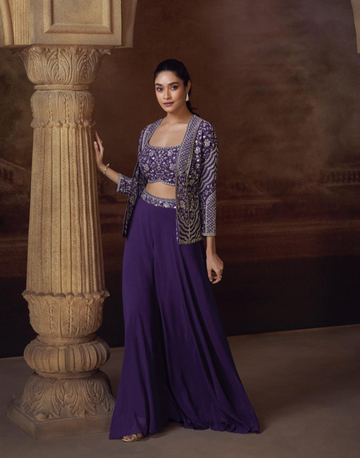 Purple Embroidered Jacket Set in Chinon Silk & Georgette with Mirror Work, Palazzo, and Blouse