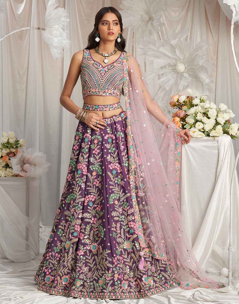 Purple Georgette Sequins Embroidery Semi-Stitched Lehenga choli & Dupatta.