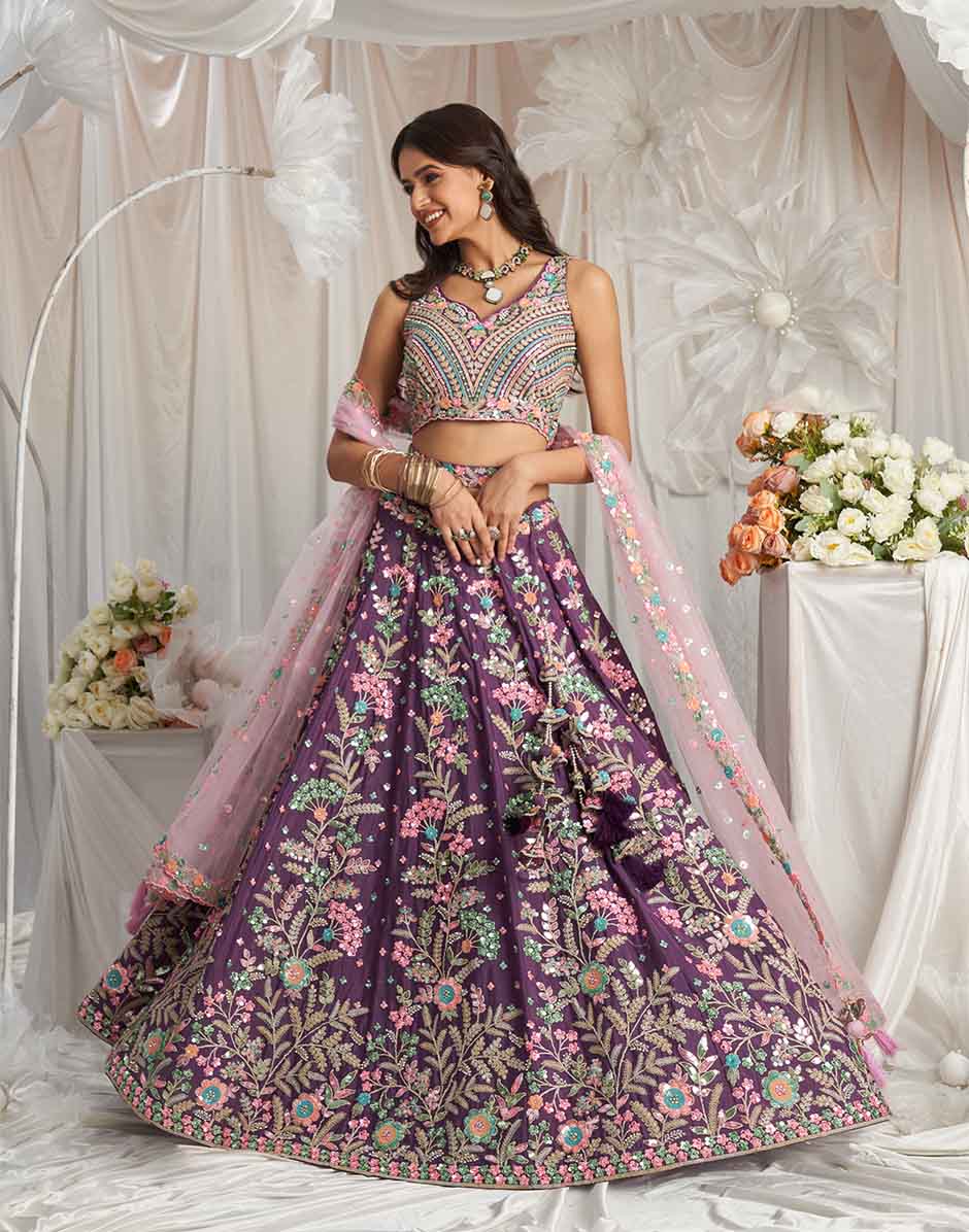 Purple Georgette Sequins Embroidery Semi-Stitched Lehenga choli & Dupatta.