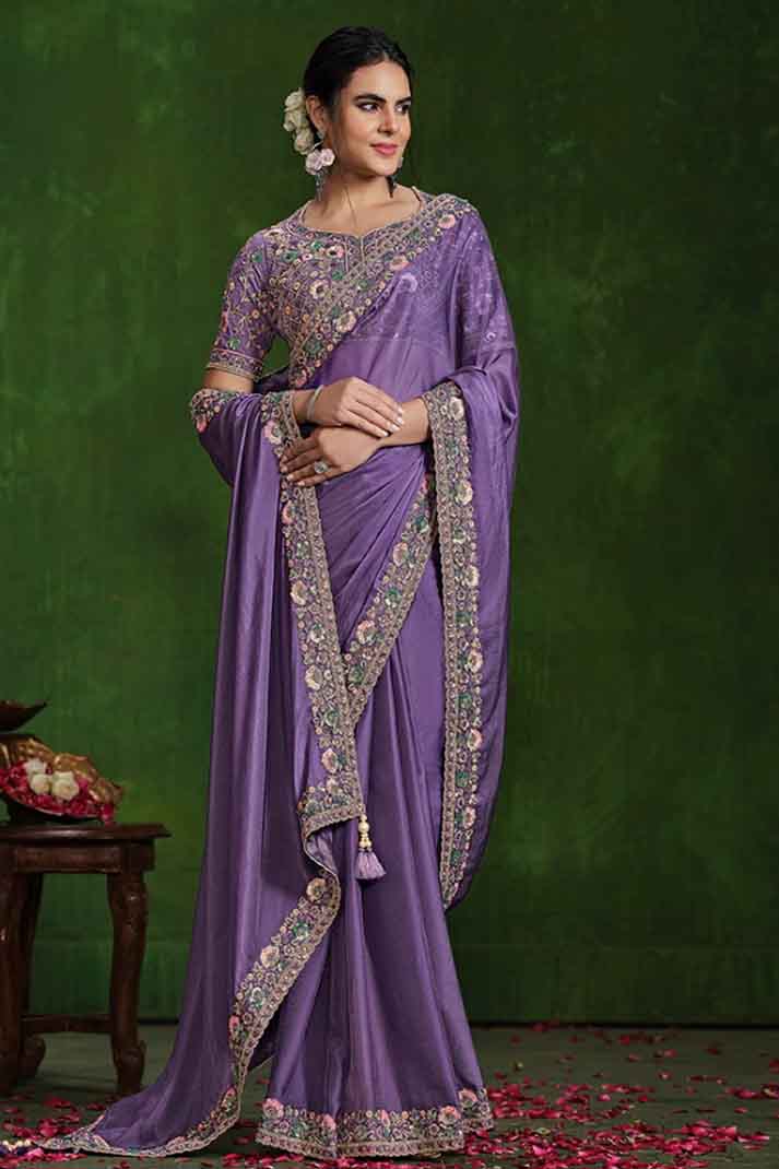 Purple Habotai Silk Handwork Dual Sequins Designer Saree