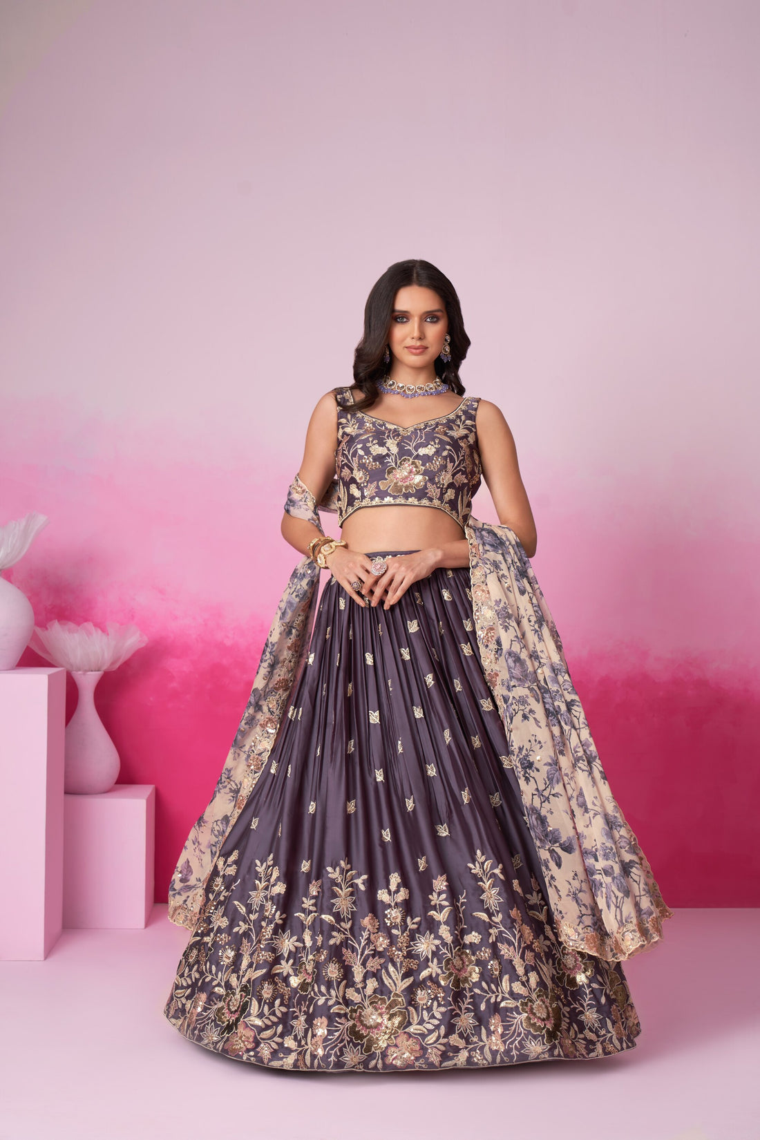 Purple Net Cutdana Sequins and Zarkan Lehenga choli & Dupatta - Rent