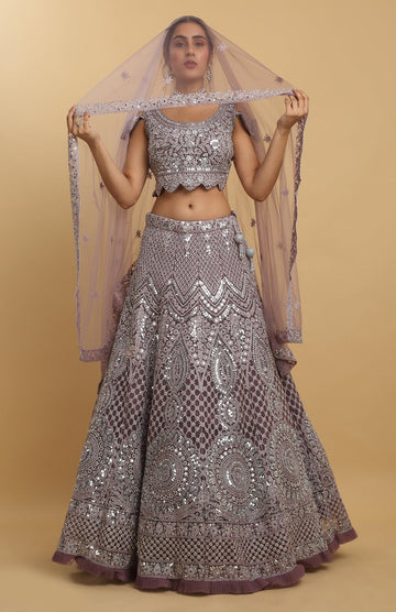 Purple Net Embroidered Mirror Round Neck Mesh Lehenga Set - Rent