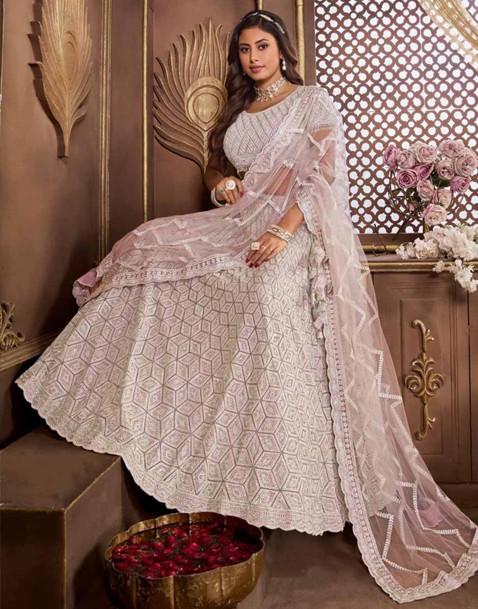 Purple Net Zarkan Embroidery Lehenga Choli & Dupatta