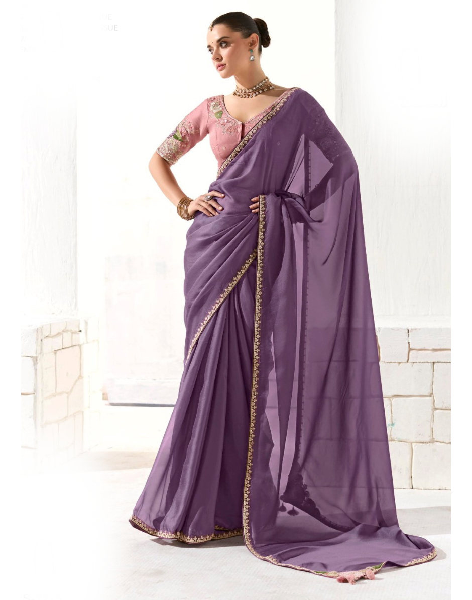 Purple Organza Tissue Saree with Sequin Work and Embroidered Detailing