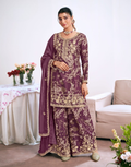 Purple Premium Chinon Embroidered Suit Set Heavy Work Top & Digital Print Bottom with Organza Dupatta