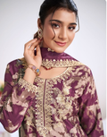 Purple Premium Chinon Embroidered Suit Set Heavy Work Top & Digital Print Bottom with Organza Dupatta_1
