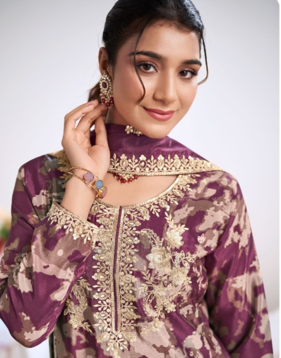 Purple Premium Chinon Embroidered Suit Set Heavy Work Top & Digital Print Bottom with Organza Dupatta_1