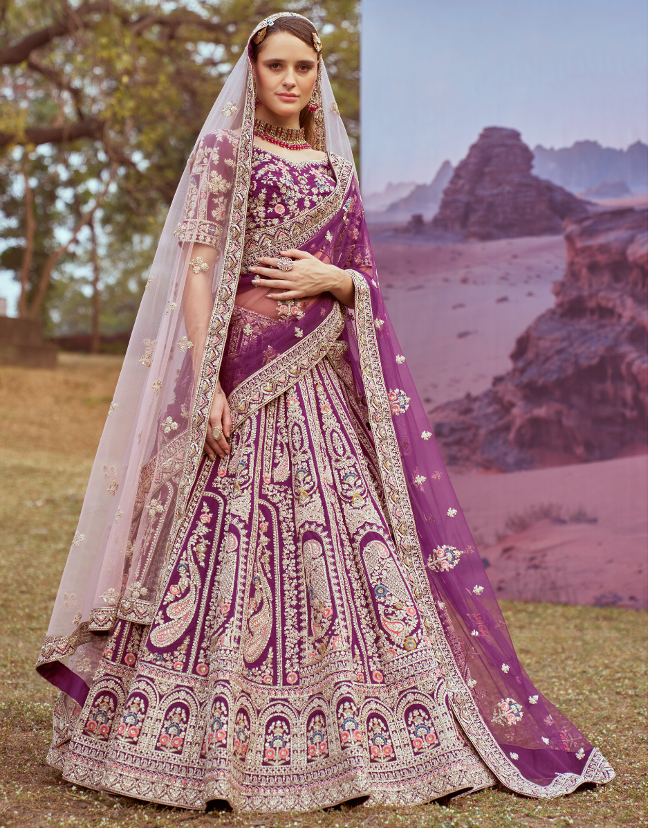 Purple Pure Silk Moti & Coding Embroidery Bridal Lehenga Choli with Dupatta Elegant Wedding Wear