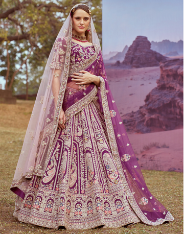Purple Pure Silk Moti & Coding Embroidery Bridal Lehenga Choli with Dupatta Elegant Wedding Wear