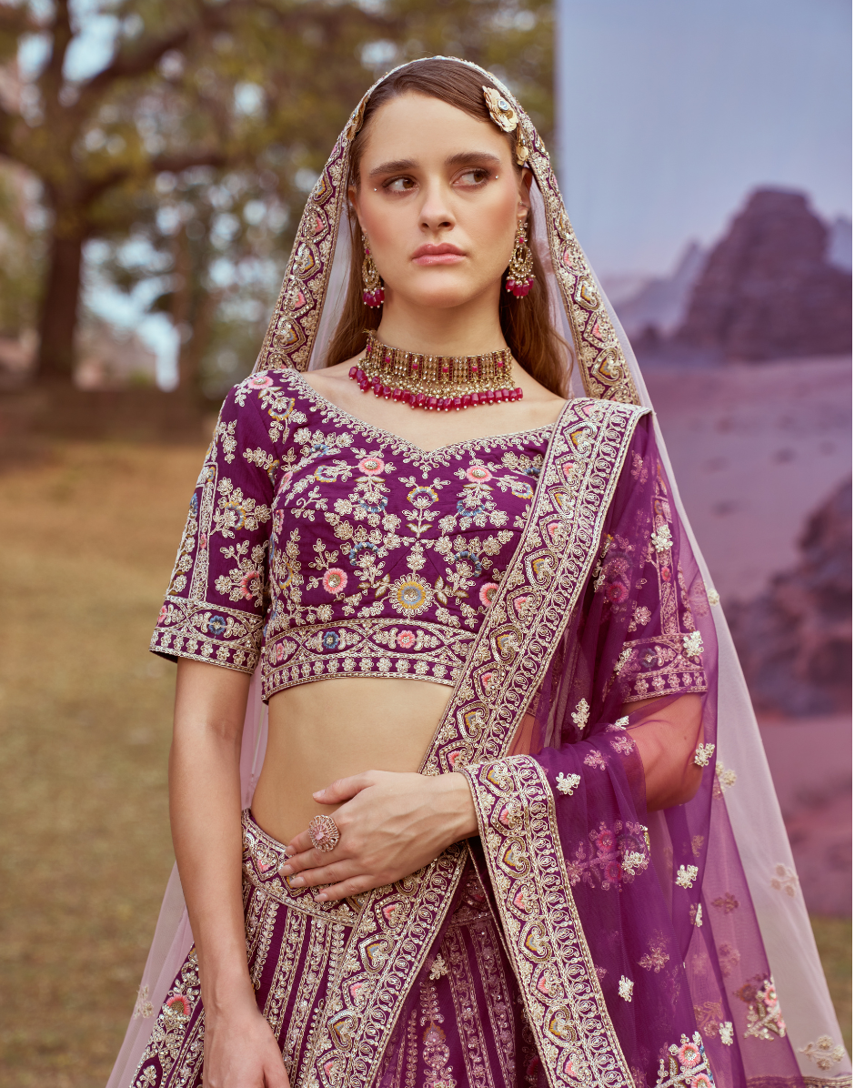 Purple Pure Silk Moti & Coding Embroidery Bridal Lehenga Choli with Dupatta Elegant Wedding Wear