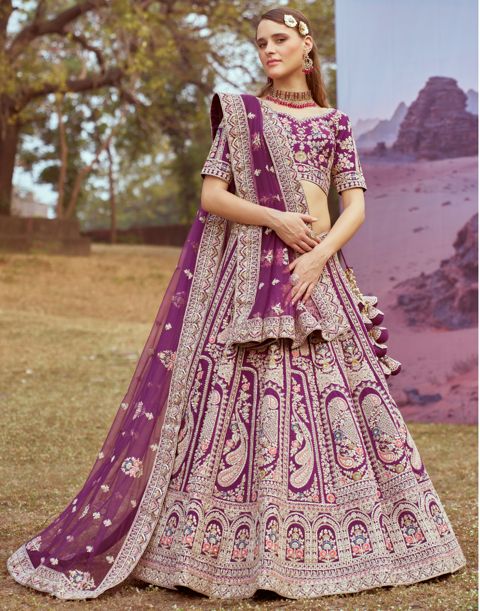Purple Pure Silk Moti & Coding Embroidery Bridal Lehenga Choli with Dupatta Exquisite Wedding Wear
